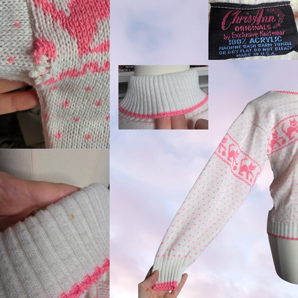 Vintage 80s White with Hot Pink Kitty Cat Knit Pastel Goth Sweater Pullover Tops - Picture 5 of 5